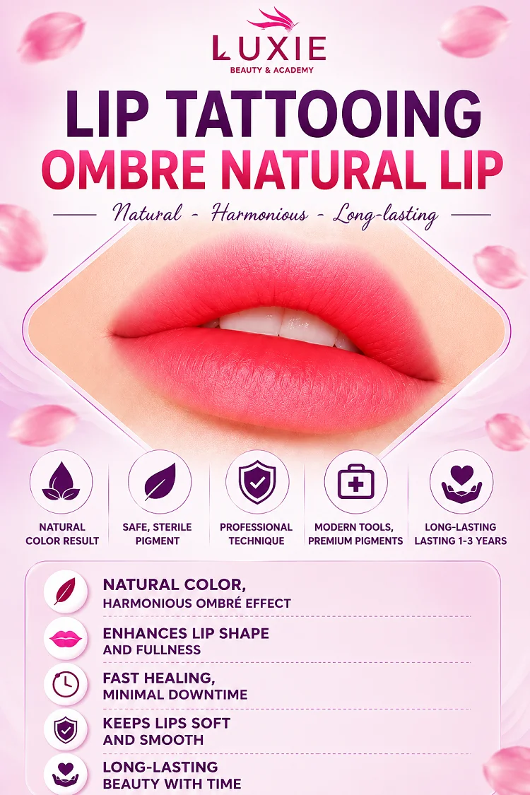 Ombre Lip Tattooing with Blended Outline: Creates a fresh and beautiful look, completely eliminating dark lips.