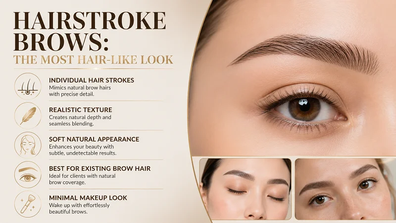 Hairstroke brows create individual hair-like strokes that imitate natural eyebrow growth.