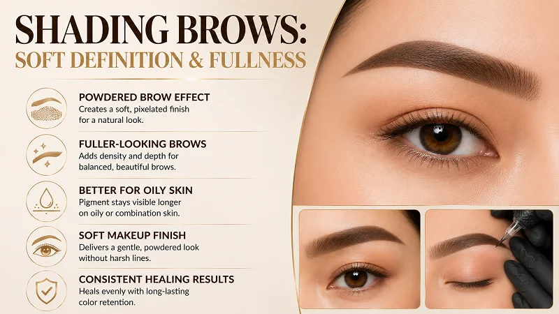 Shading brows use soft pixelated pigmentation to create a powdered effect beneath the skin.