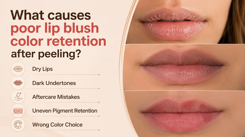 What causes poor lip blush color retention after peeling?