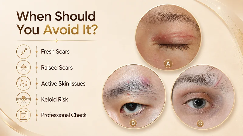 When should you avoid brow tattooing over scars?