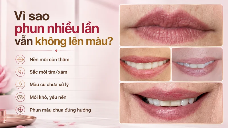 Vì sao môi sau phun nhiều lần không lên màu?